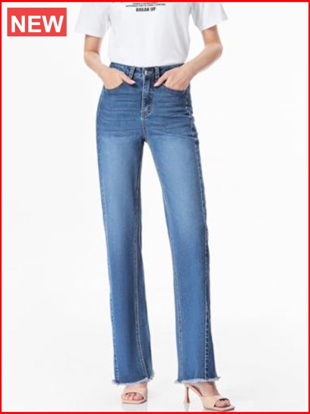 High Waisted Wide Leg Jeans with Raw Hem Stretchy Denim Pants - Picture 5 of 7